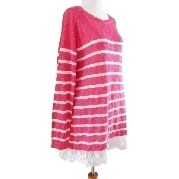 BOUTIQUE NEIMAN MARCUS STRAWBERRY STRIPE LACE TOP SZ XL - Picture 3 of 5